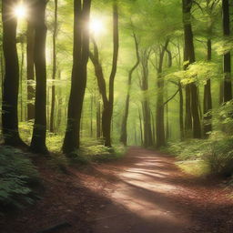 A serene winding path through a dense, lush forest