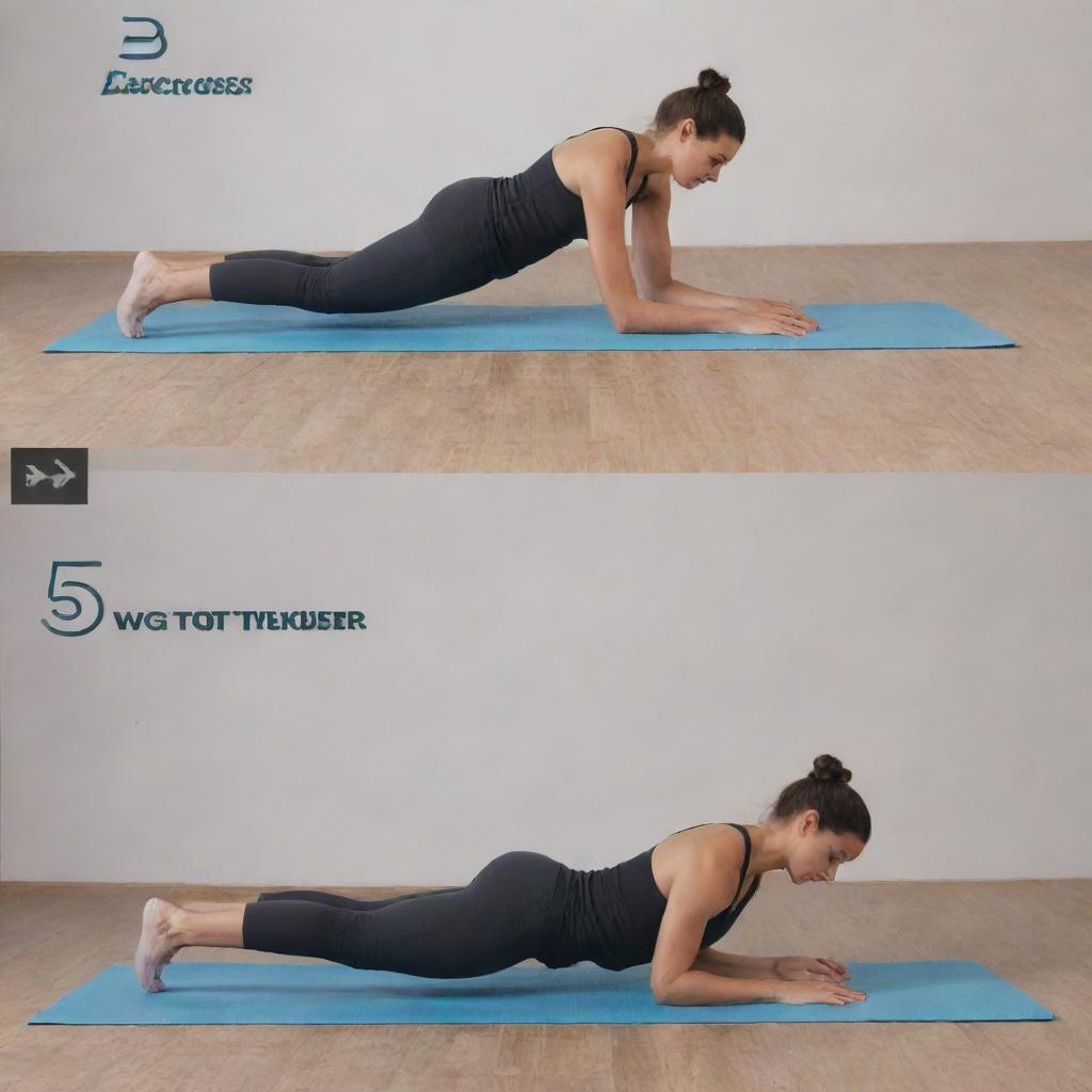 A high-resolution YouTube thumbnail, showcasing a split design: on one side, a fit individual performing low-impact exercises, and on the other, bold, captivating text reading '5 Exercises for Lower Back Pain Relief'.