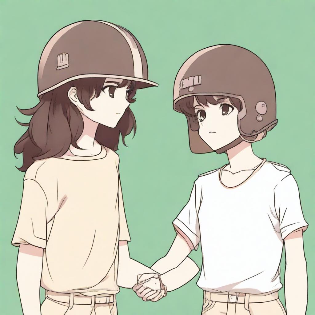 A boy with short dark brown hair and a girl with paleish hair down to her chest are holding hands