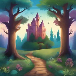 Create a captivating book cover featuring an enchanting forest with a mysterious path leading to an ancient castle