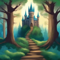 Create a captivating book cover featuring an enchanting forest with a mysterious path leading to an ancient castle