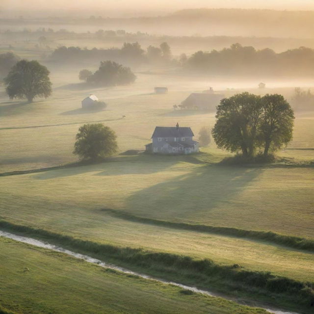 A serene rural landscape bathed in morning light, featuring dew-kissed fields stretching into the distance, a scattering of quaint farmhouses, with livestock grazing peacefully. Wisps of mist hover over a slowly babbling brook, and the distant sun begins to peak over the horizon.