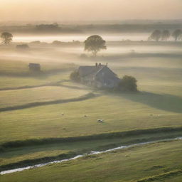 A serene rural landscape bathed in morning light, featuring dew-kissed fields stretching into the distance, a scattering of quaint farmhouses, with livestock grazing peacefully. Wisps of mist hover over a slowly babbling brook, and the distant sun begins to peak over the horizon.