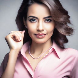 A woman dressed in a stylish pink shirt is posing confidently and seductively