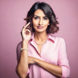 A woman dressed in a stylish pink shirt is posing confidently and seductively