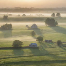 A serene rural landscape bathed in morning light, featuring dew-kissed fields stretching into the distance, a scattering of quaint farmhouses, with livestock grazing peacefully. Wisps of mist hover over a slowly babbling brook, and the distant sun begins to peak over the horizon.