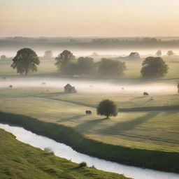 A serene rural landscape bathed in morning light, featuring dew-kissed fields stretching into the distance, a scattering of quaint farmhouses, with livestock grazing peacefully. Wisps of mist hover over a slowly babbling brook, and the distant sun begins to peak over the horizon.