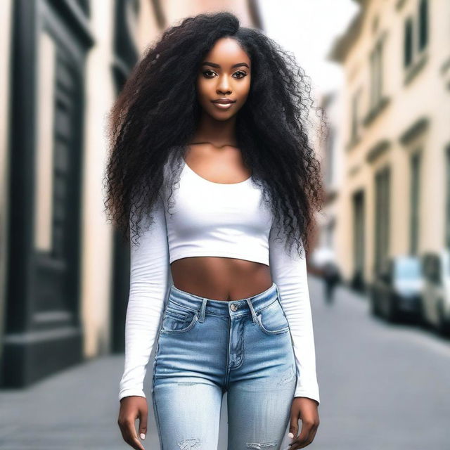 A beautiful black girl with long hair, wearing a stylish outfit