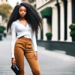 A beautiful black girl with long hair, wearing a stylish outfit