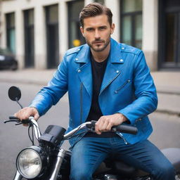 A fashionable man wearing a stylish blue biker leather jacket, confidently sitting astride a sleek sports bike.