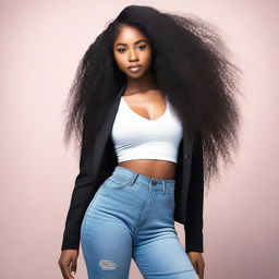 A beautiful black girl with long hair, wearing a stylish outfit