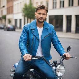 A fashionable man wearing a stylish blue biker leather jacket, confidently sitting astride a sleek sports bike.