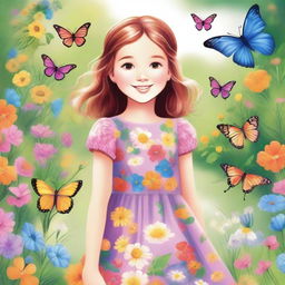 A detailed and vibrant illustration of a young girl with a cheerful expression, wearing a colorful dress, standing in a beautiful garden filled with flowers and butterflies