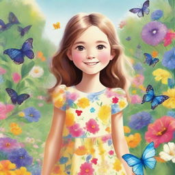 A detailed and vibrant illustration of a young girl with a cheerful expression, wearing a colorful dress, standing in a beautiful garden filled with flowers and butterflies