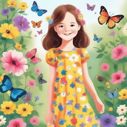 A detailed and vibrant illustration of a young girl with a cheerful expression, wearing a colorful dress, standing in a beautiful garden filled with flowers and butterflies