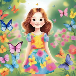 A detailed and vibrant illustration of a young girl with a cheerful expression, wearing a colorful dress, standing in a beautiful garden filled with flowers and butterflies