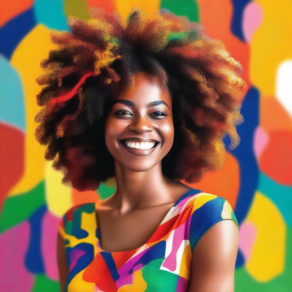 A beautiful portrait of a black woman with natural hair, wearing a vibrant dress, and smiling warmly