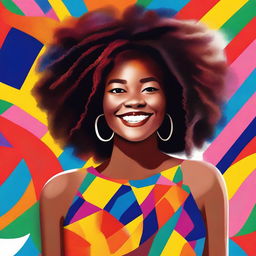 A beautiful portrait of a black woman with natural hair, wearing a vibrant dress, and smiling warmly