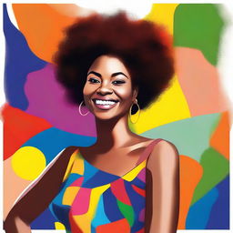 A beautiful portrait of a black woman with natural hair, wearing a vibrant dress, and smiling warmly