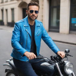 A fashionable man wearing a stylish blue biker leather jacket, confidently sitting astride a sleek sports bike.