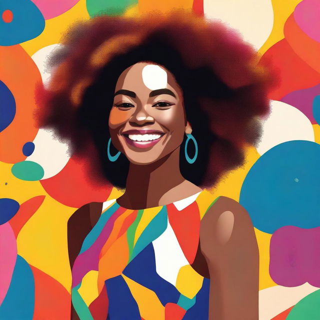 A beautiful portrait of a black woman with natural hair, wearing a vibrant dress, and smiling warmly