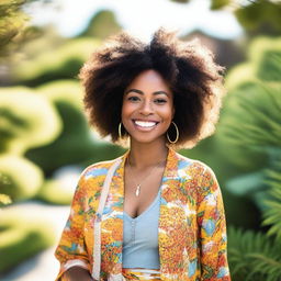 A beautiful and confident Black woman standing in a serene outdoor setting, wearing stylish and vibrant clothing