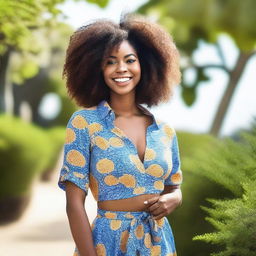 A beautiful and confident Black woman standing in a serene outdoor setting, wearing stylish and vibrant clothing