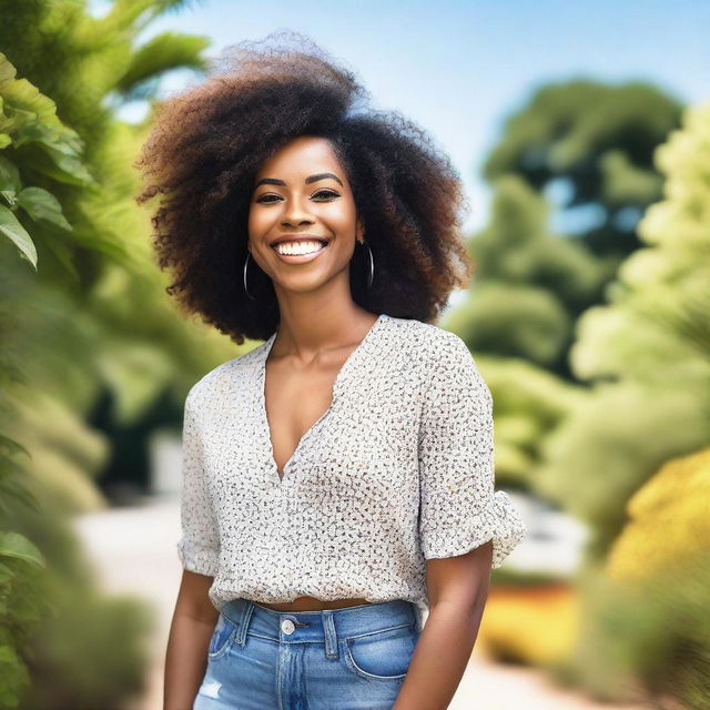 A beautiful and confident Black woman standing in a serene outdoor setting, wearing stylish and vibrant clothing