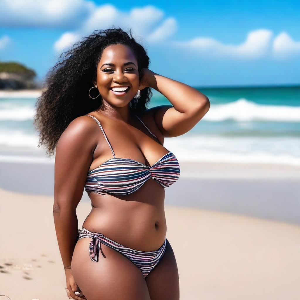 A stunning Black woman with beautiful curves posing confidently at the beach in a stylish bikini