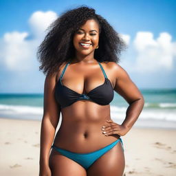 A stunning Black woman with beautiful curves posing confidently at the beach in a stylish bikini