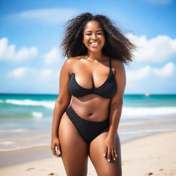 A stunning Black woman with beautiful curves posing confidently at the beach in a stylish bikini