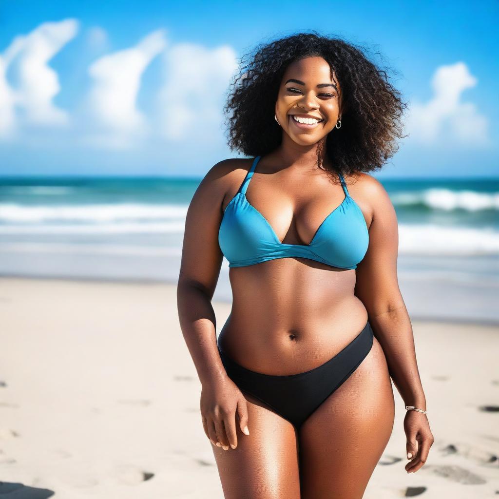 A stunning Black woman with beautiful curves posing confidently at the beach in a stylish bikini