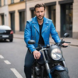 A fashionable man wearing a stylish blue biker leather jacket, confidently sitting astride a sleek sports bike.