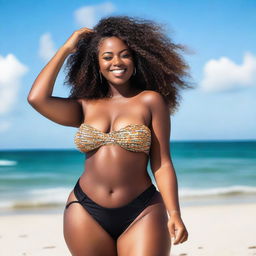 A stunning Black woman with a slim body and beautiful curves, including an ample bust, posing confidently at the beach in a stylish bikini