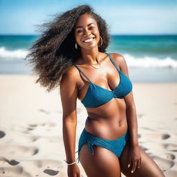 A stunning Black woman with a slim body and beautiful curves, including an ample bust, posing confidently at the beach in a stylish bikini