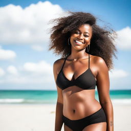 A stunning Black woman with a slim body and beautiful curves, including an ample bust, posing confidently at the beach in a stylish bikini