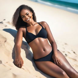 A stunning Black woman with a slim body and beautiful curves, including an ample bust, laying on the sandy beach in a stylish bikini