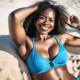 A stunning Black woman with a slim body and beautiful curves, including an ample bust, laying on the sandy beach in a stylish bikini