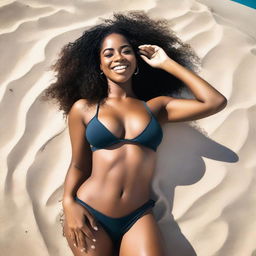 A stunning Black woman with a slim body and beautiful curves, including an ample bust, laying on the sandy beach in a stylish bikini