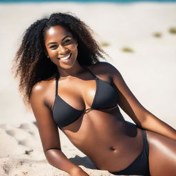 A stunning Black woman with a slim body and beautiful curves, including an ample bust, laying on the sandy beach in a stylish bikini