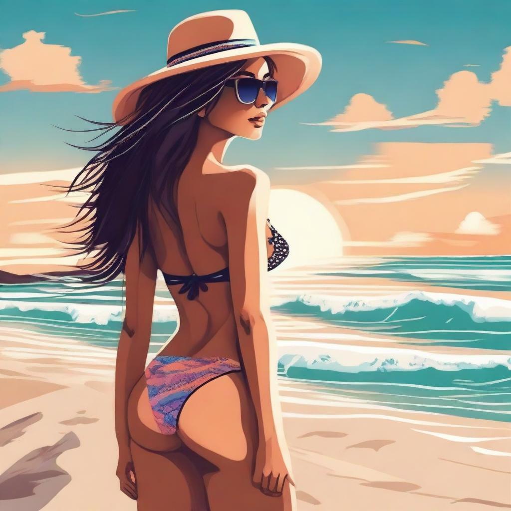 A detailed illustration of a person wearing a stylish bikini at the beach, with the ocean and a beautiful sunset in the background