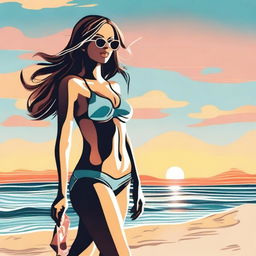 A detailed illustration of a person wearing a stylish bikini at the beach, with the ocean and a beautiful sunset in the background