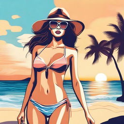 A detailed illustration of a person wearing a stylish bikini at the beach, with the ocean and a beautiful sunset in the background