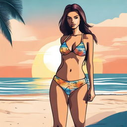 A detailed illustration of a person wearing a stylish bikini at the beach, with the ocean and a beautiful sunset in the background