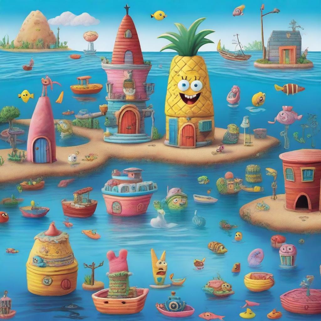 A vibrant and colorful depiction of Bikini Bottom, the underwater city from SpongeBob SquarePants