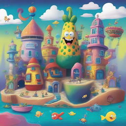 A vibrant and colorful depiction of Bikini Bottom, the underwater city from SpongeBob SquarePants