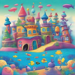 A vibrant and colorful depiction of Bikini Bottom, the underwater city from SpongeBob SquarePants