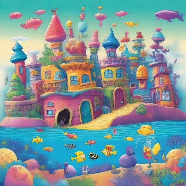 A vibrant and colorful depiction of Bikini Bottom, the underwater city from SpongeBob SquarePants