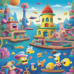 A vibrant and colorful depiction of Bikini Bottom, the underwater city from SpongeBob SquarePants