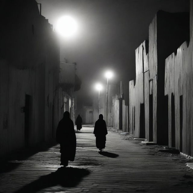 A chilling scene of horror in the streets of Nouakchott at night, with eerie shadows, desolate buildings, and a sense of impending dread